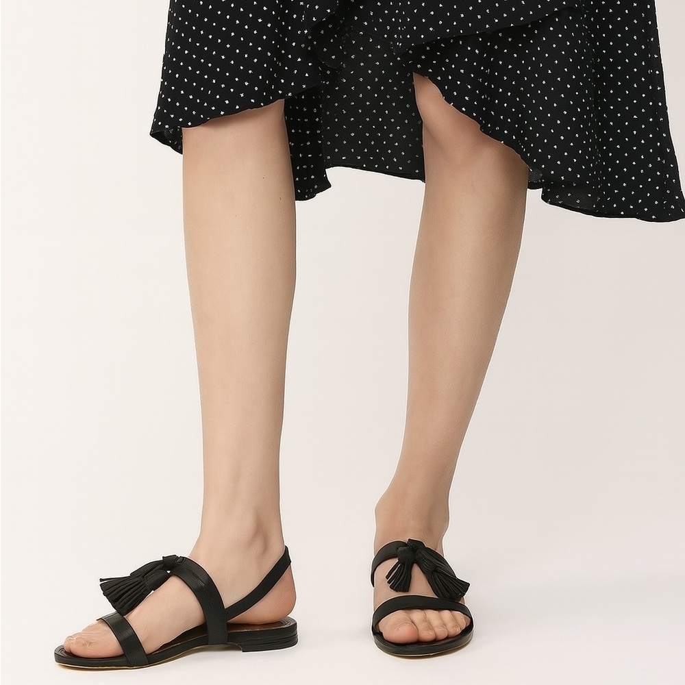 KATE SPADE NEW YORK LA DANSE Black Leather Tassel Flat Ankle Strap Sandals 10B